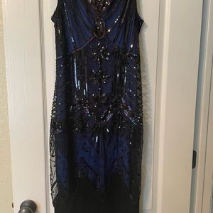 Beautiful Flapper style evening dress blue and black with fringe and sequins